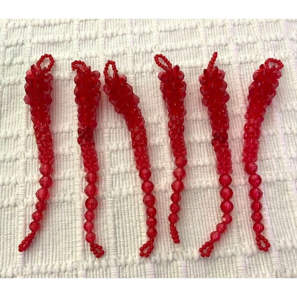 Vintage Red Beaded Icicle Ornaments Set Of 6 For Christmas Decoration